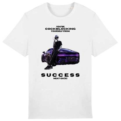 White t-shirt with graphic design and text on a white background