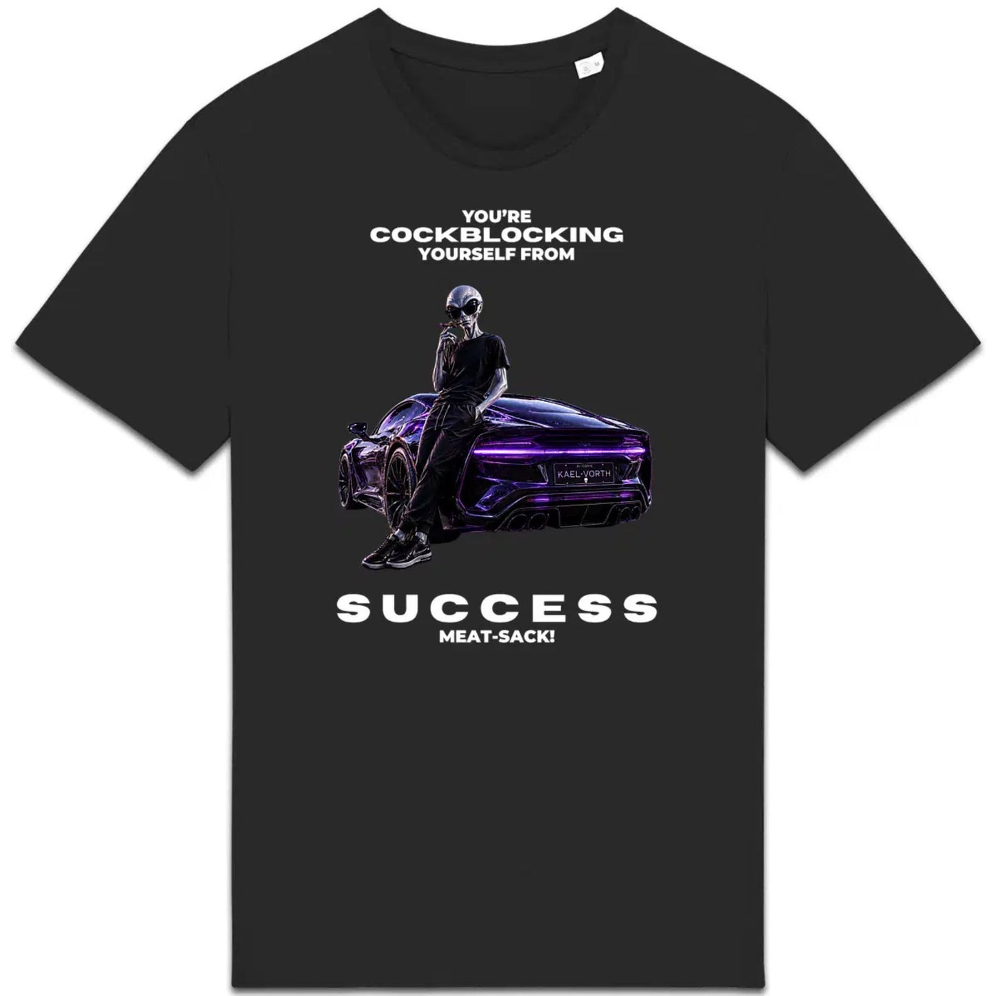 Black t-shirt with graphic design and text on a white background