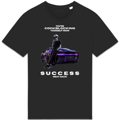 Black t-shirt with graphic design and text on a white background