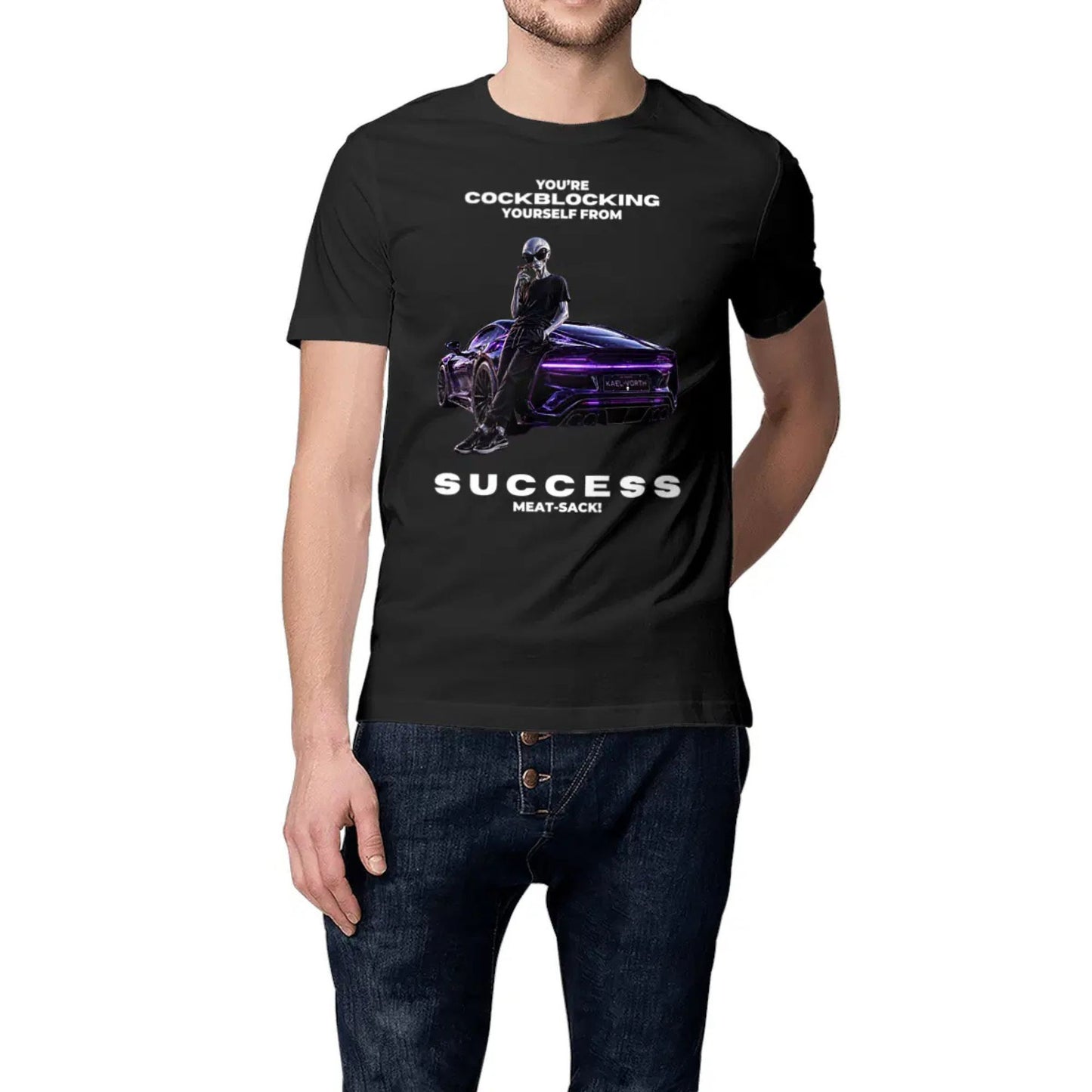 Person wearing a black t-shirt with a graphic design and text on a white background