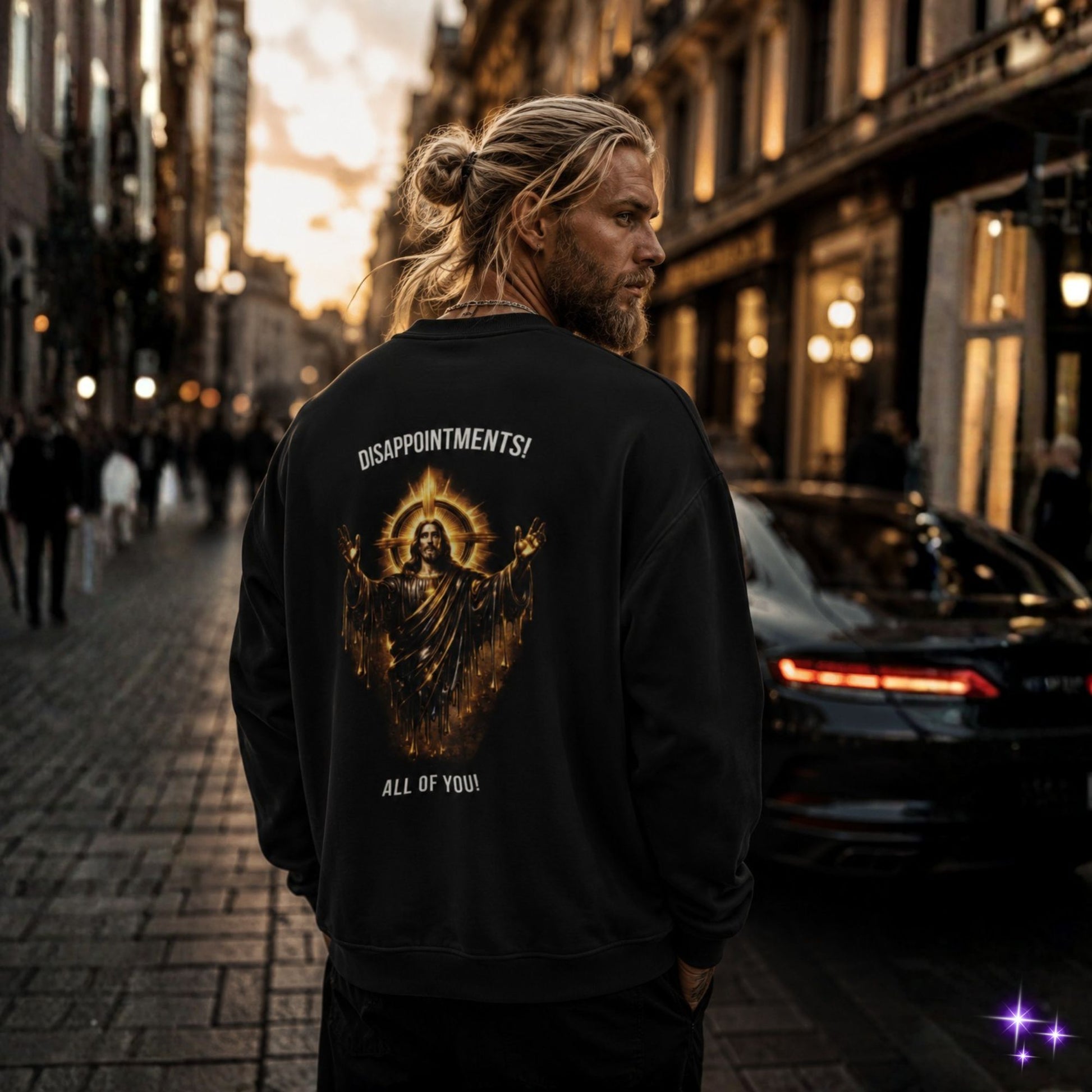 Man walking down a city street wearing a black sweatshirt with a graphic design on the back.