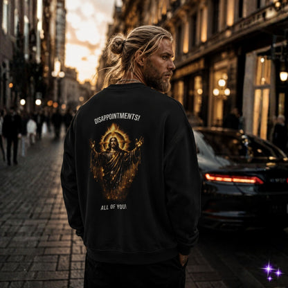 Man walking down a city street wearing a black sweatshirt with a graphic design on the back.