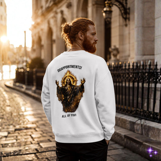 Man wearing a white sweatshirt with a graphic design and text on the back, standing on a sunlit street.