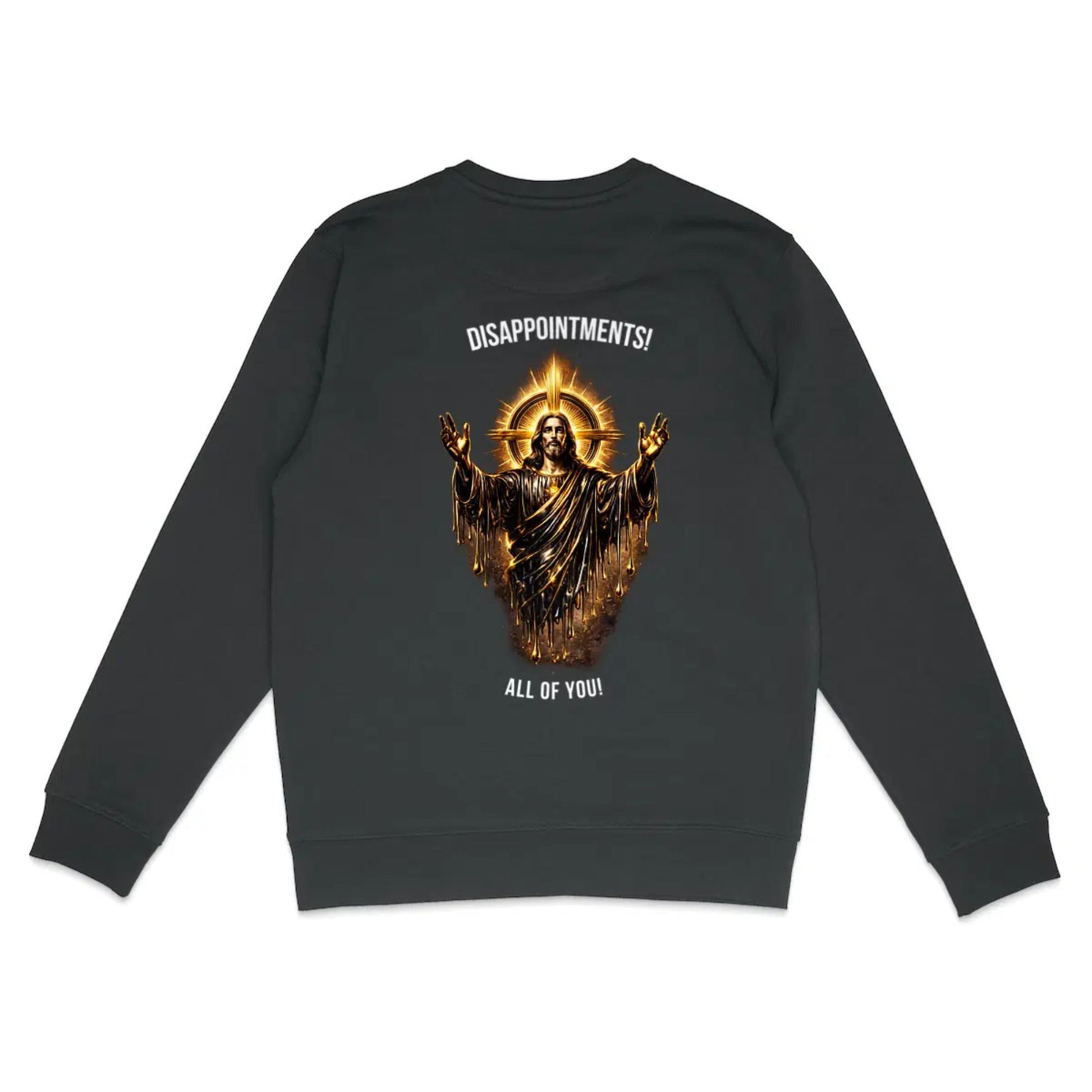 Black sweatshirt with a graphic design on the back featuring a religious figure and text.