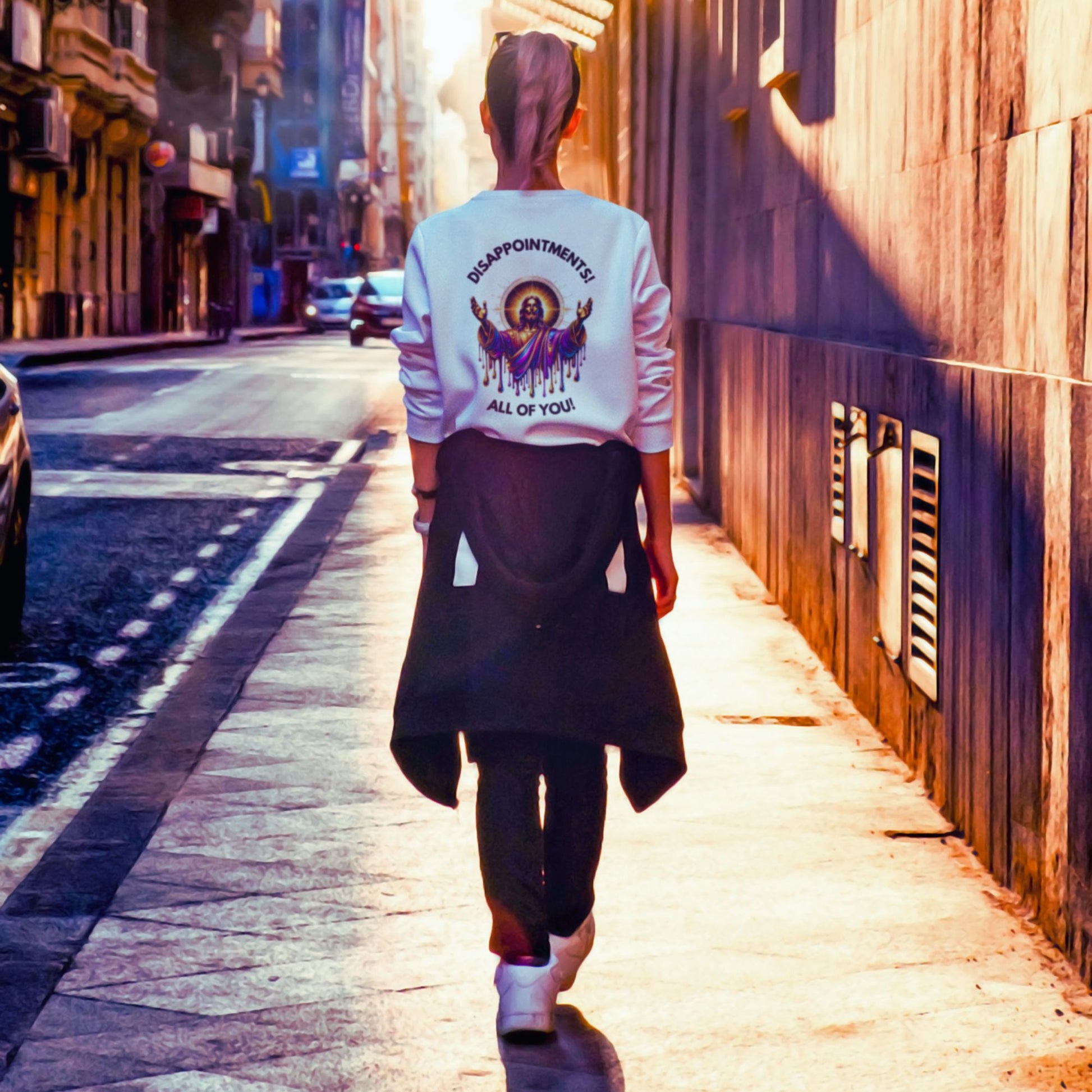 Disappointments all of you Jesus Sweatshirt in white, made from organic cotton. Model showcasing back view in lifestyle setting.