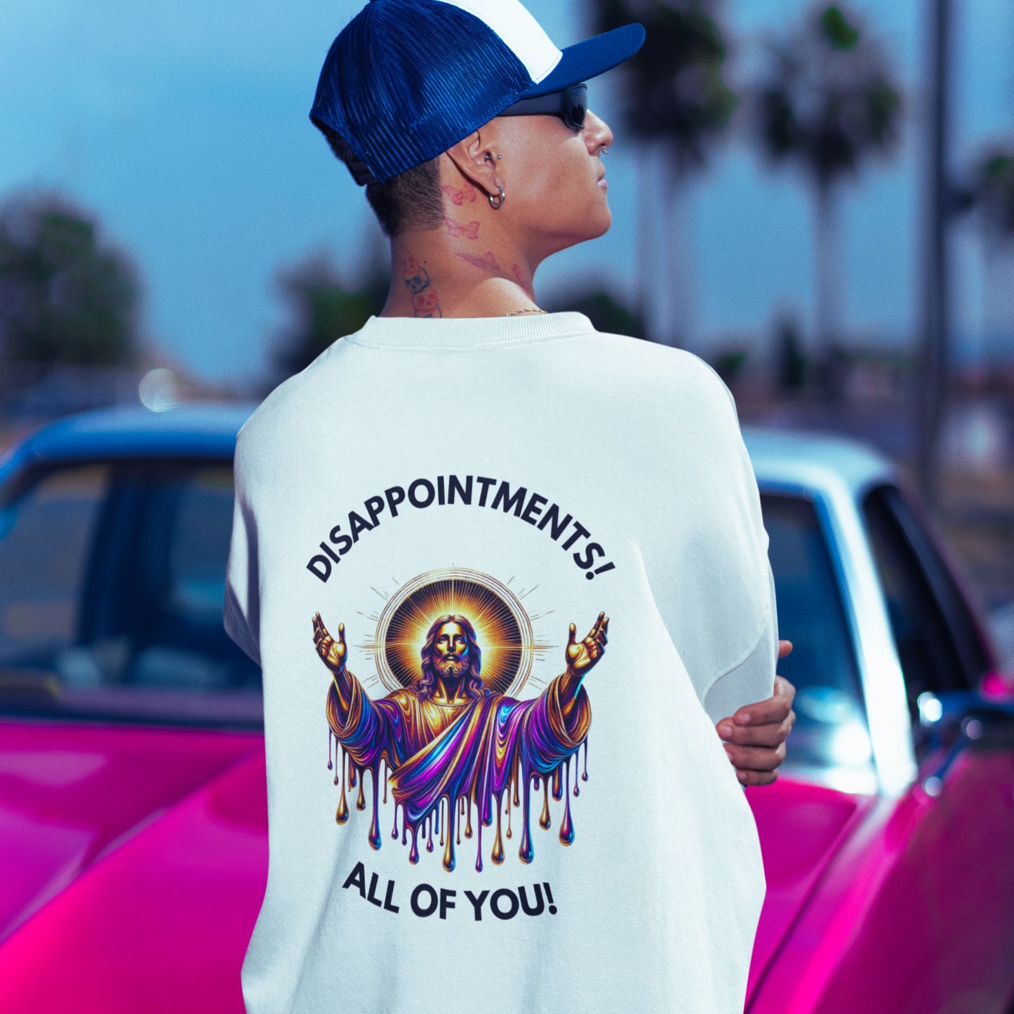 Disappointments all of you Jesus Sweatshirt in white, made from organic cotton. Back view showing print.