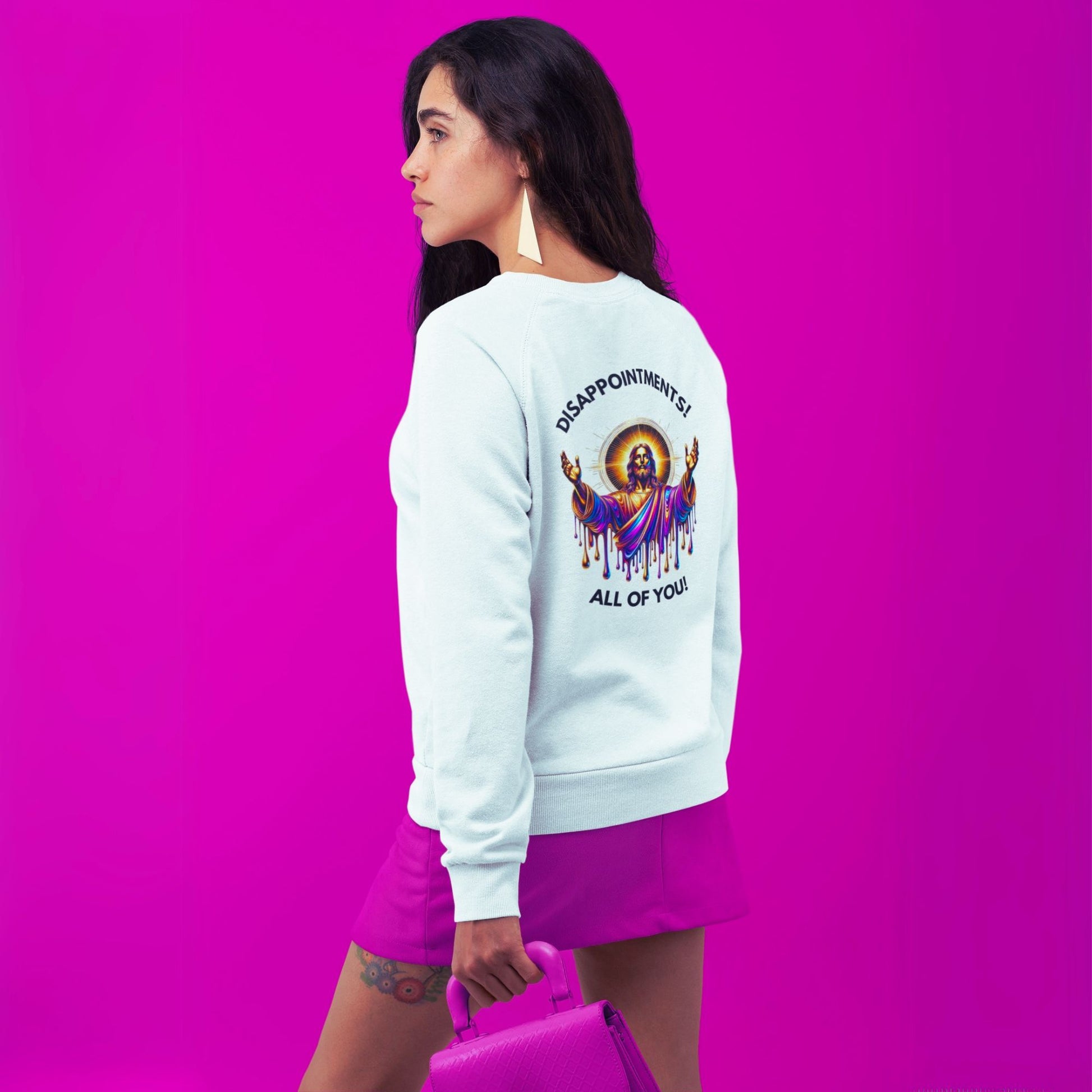 Disappointments all of you Jesus Sweatshirt in white, made from organic cotton. Model showcasing back print.