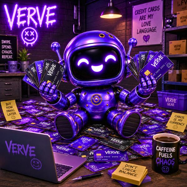 Purple robot surrounded by Verve branded credit cards in a room with neon signs and posters.