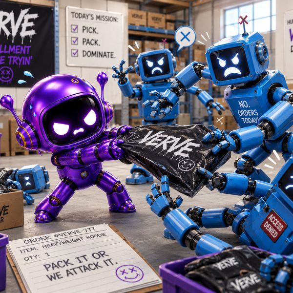 Colorful toy robots in a warehouse setting with 'VERVE' branding.