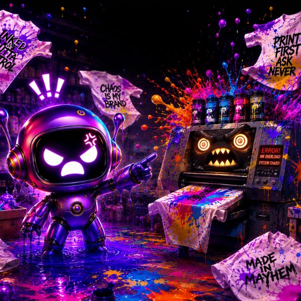 Colorful and chaotic scene with a robot and spray paint cans, featuring text and abstract elements.