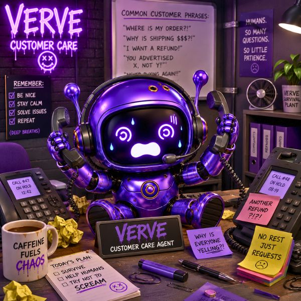 Purple robot with a headset in an office setting, surrounded by office supplies and signs.