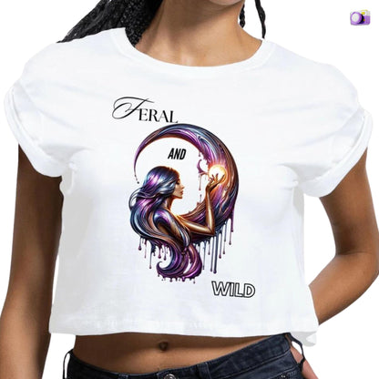 Feral and wild crop top in white, made from organic cotton. Front view showcased on a black model.