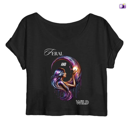 Feral and wild crop top in black, made from organic cotton. Front view showcased on a flat surface and white background.