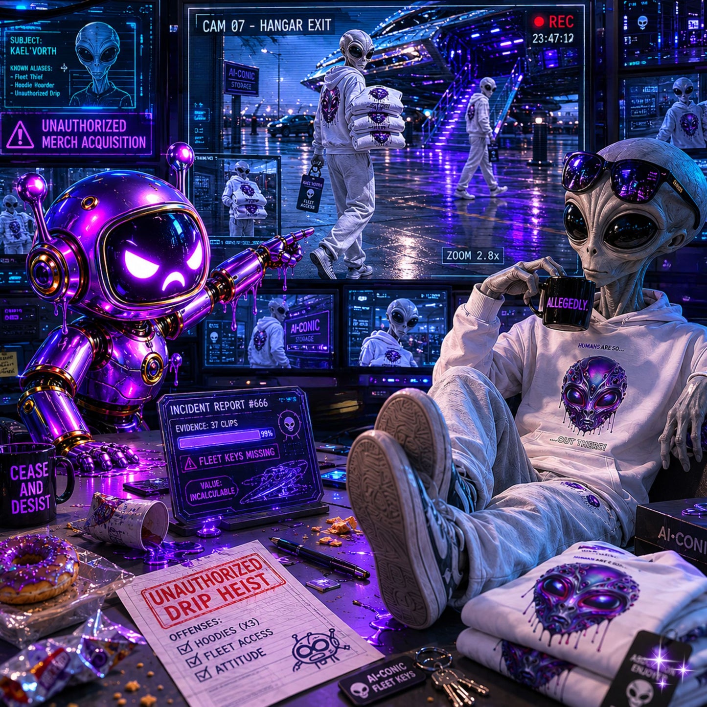 Alien in a futuristic setting with a robot.