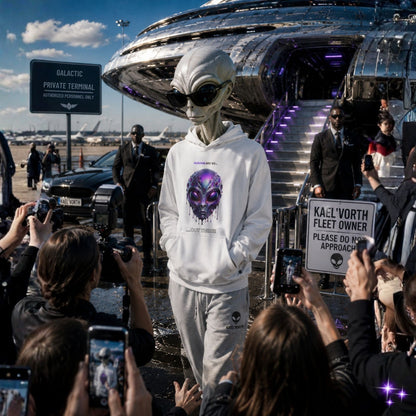 Alien wearing an alien-themed hoodie in front of a futuristic spacecraft with onlookers taking photos.