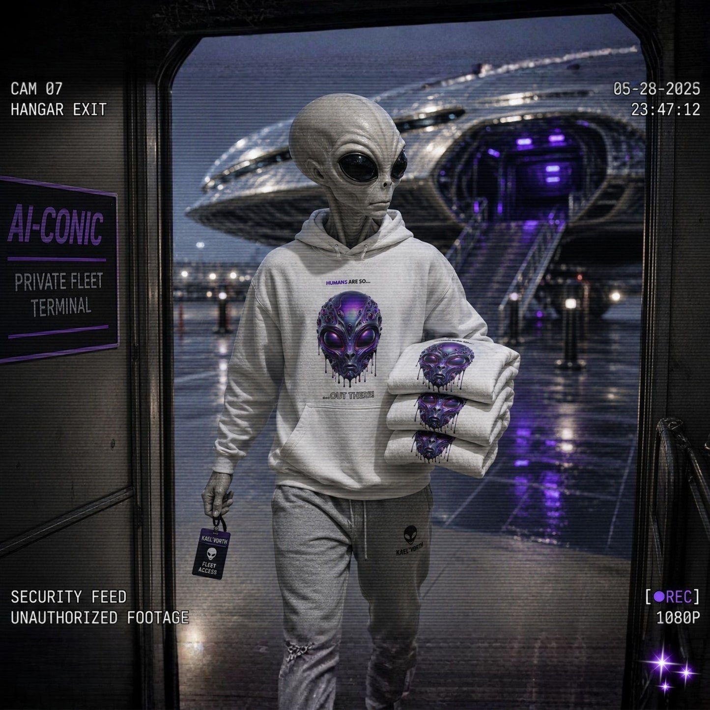 Alien wearing an alien-themed hoodie and holding hoodies in a futuristic setting with a UFO in the background.