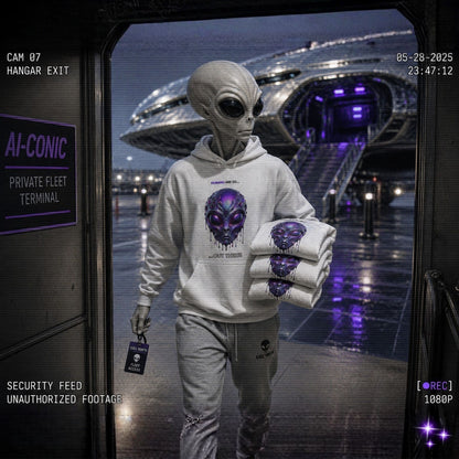 Alien wearing an alien-themed hoodie and holding hoodies in a futuristic setting with a UFO in the background.