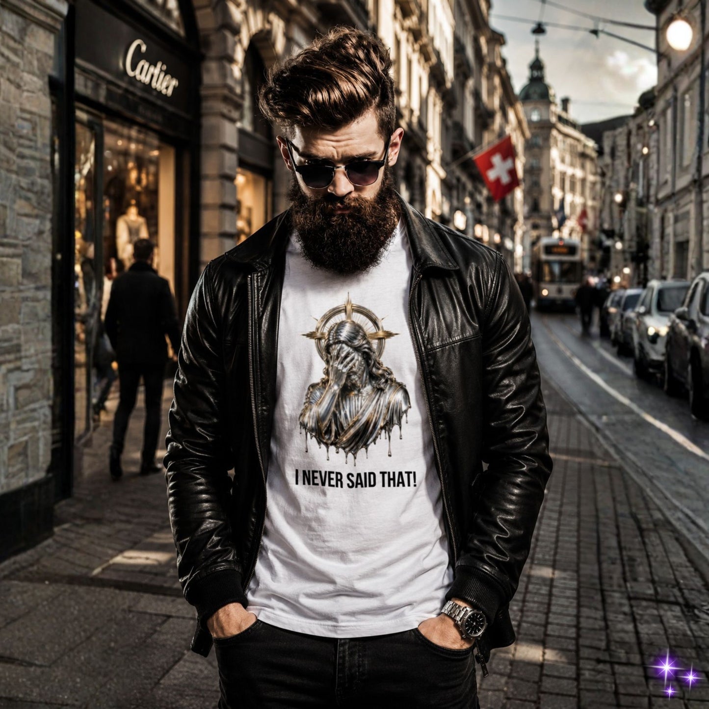 Man wearing a white t-shirt with graphic design and text on a city street.