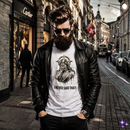 Man wearing a white t-shirt with graphic design and text on a city street.
