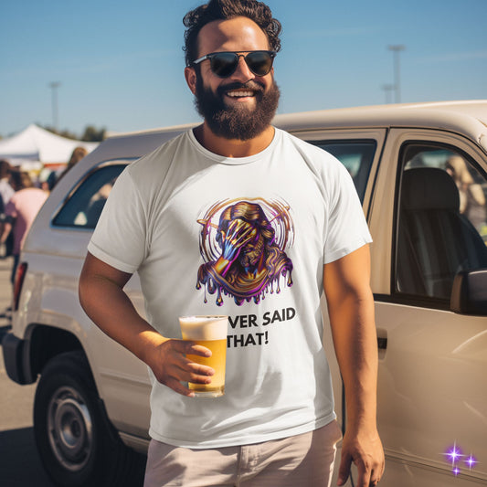 Man wearing a t-shirt with a graphic design and sunglasses, holding a beer, standing in front of a van.