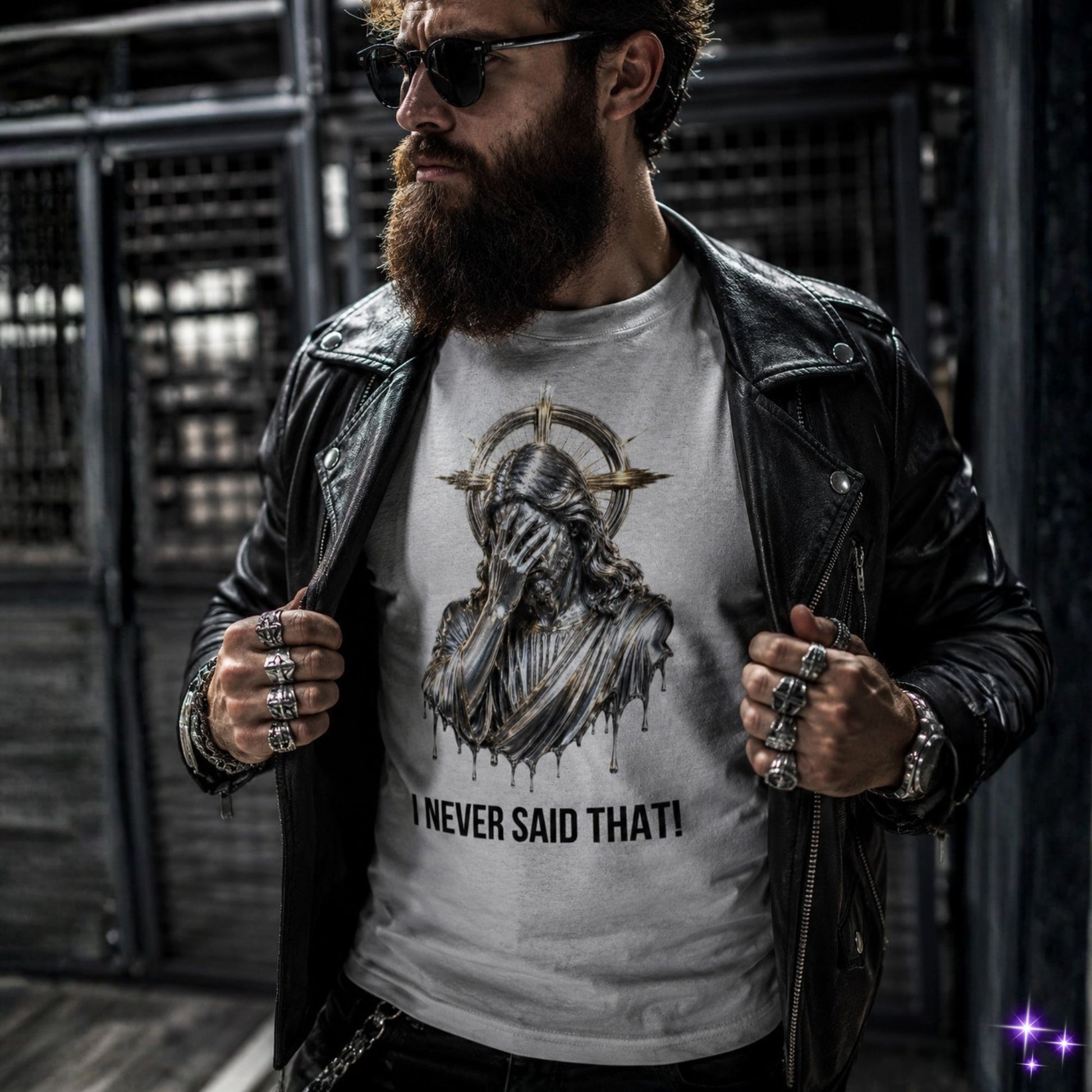 Man wearing a leather jacket and a t-shirt with a graphic design and text.