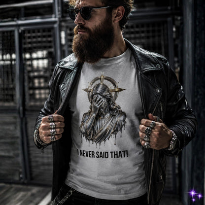 Man wearing a leather jacket and a t-shirt with a graphic design and text.