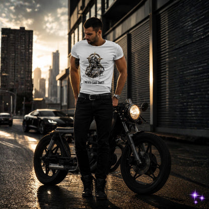 Man standing next to a motorcycle on a city street with buildings in the background