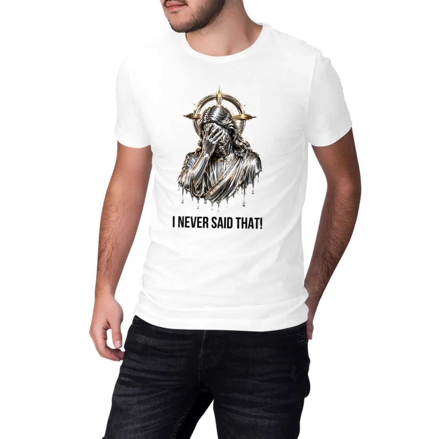 White t-shirt with graphic design and text worn by a person on a white background