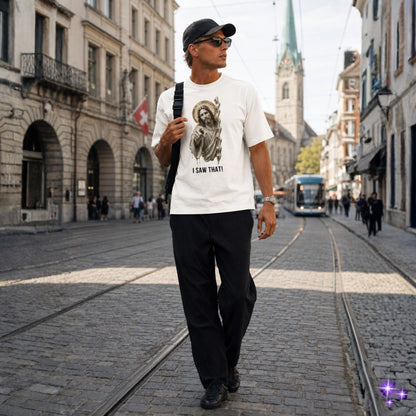 Man walking down a city street wearing a white t-shirt with a graphic design.