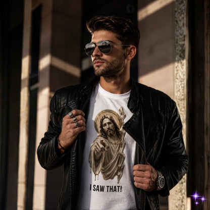 Man wearing a black leather jacket and sunglasses, with a white t-shirt featuring a graphic design.