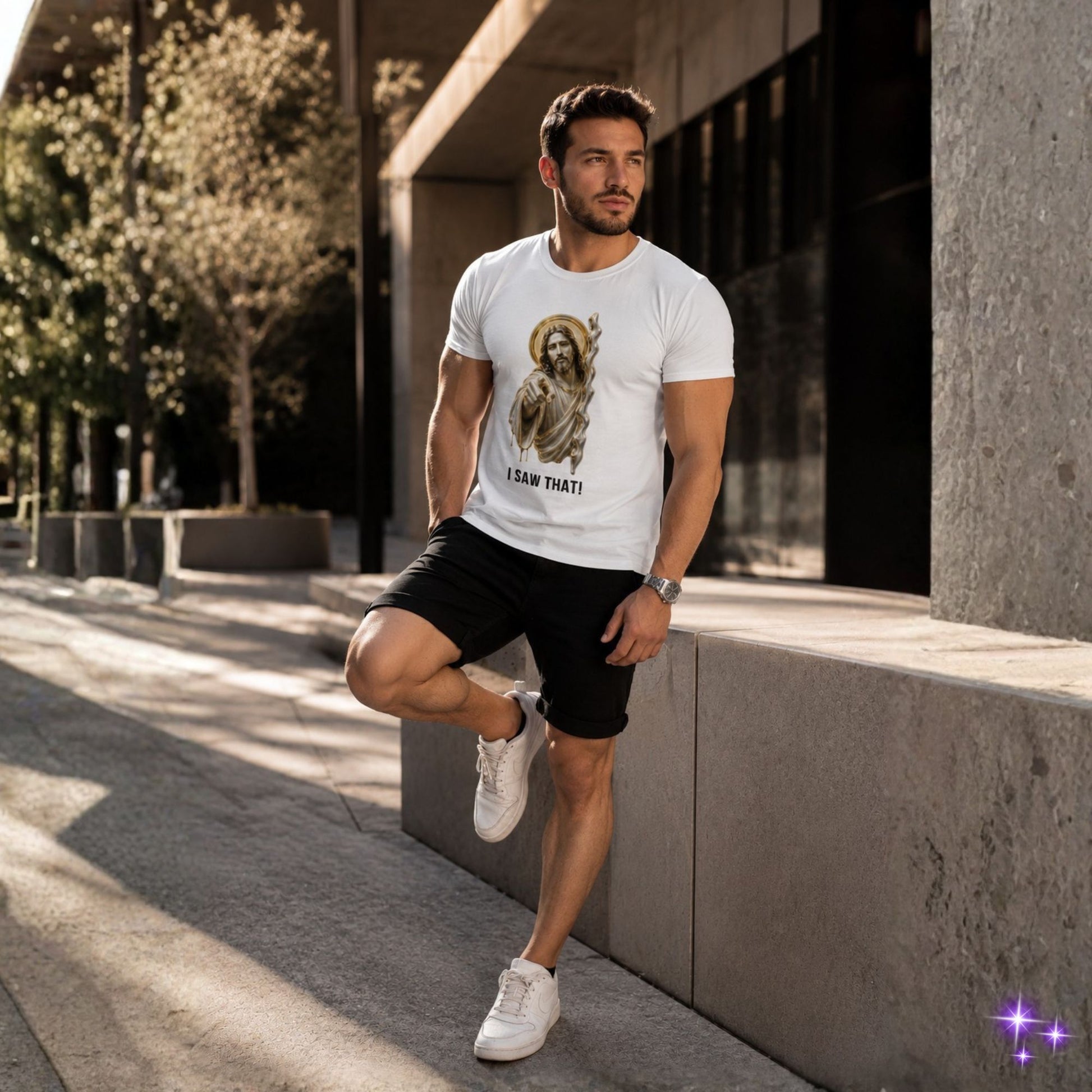 Man wearing a white t-shirt with a graphic design, standing outdoors.