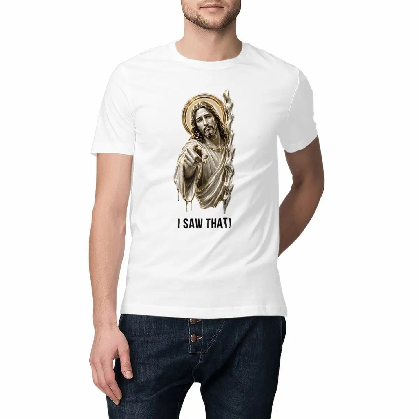 White t-shirt with a graphic design and text worn by a person on a white background