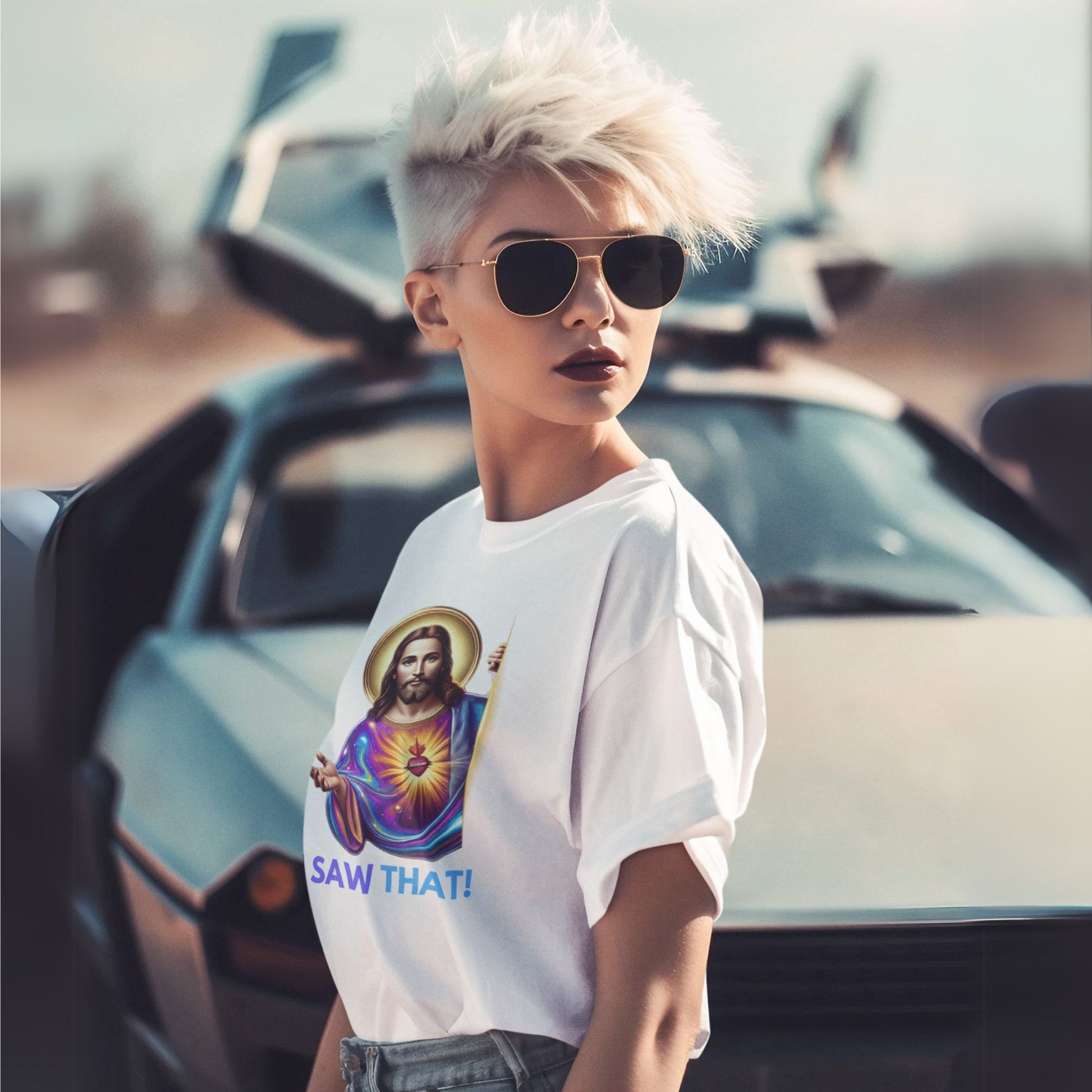 I saw that Jesus Shirt in white, made from organic cotton. Female blonde model showocasing shirt in lifestyle setting.