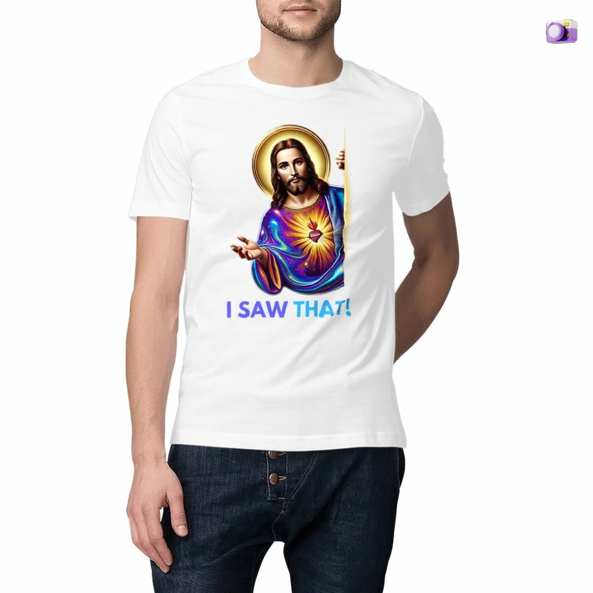 I saw that Jesus Shirt in white, made from organic cotton. Front view showing print.