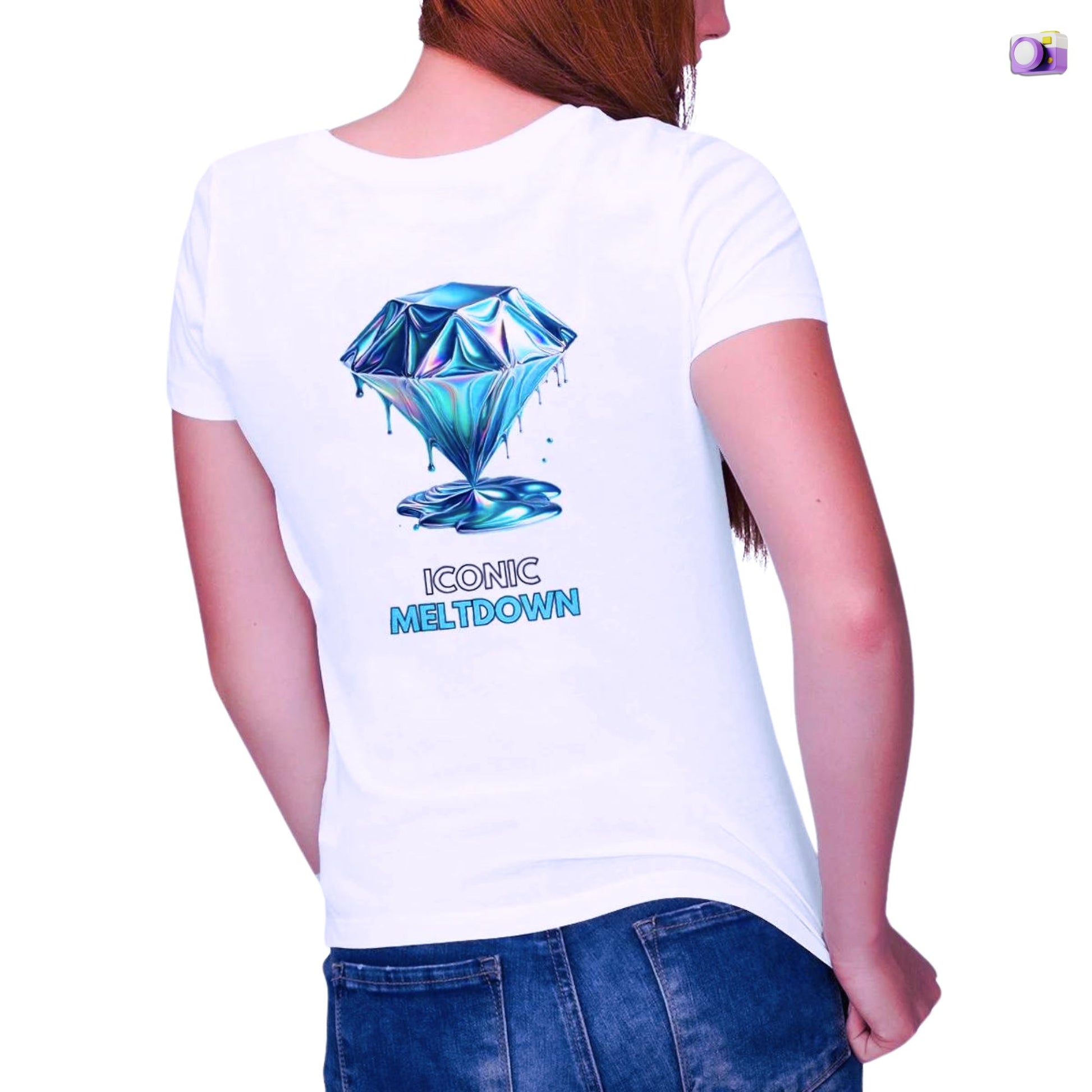 Iconic Meltdown Shirt showcasing the image of a melting diamond in white, made from organic cotton in conversion. Back view showing print on a white background.