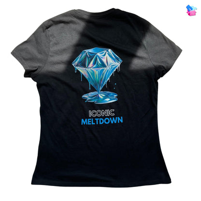Iconic Meltdown Shirt showcasing the image of a melting diamond in black, made from organic cotton in conversion. Back view showing print on a flat surface.