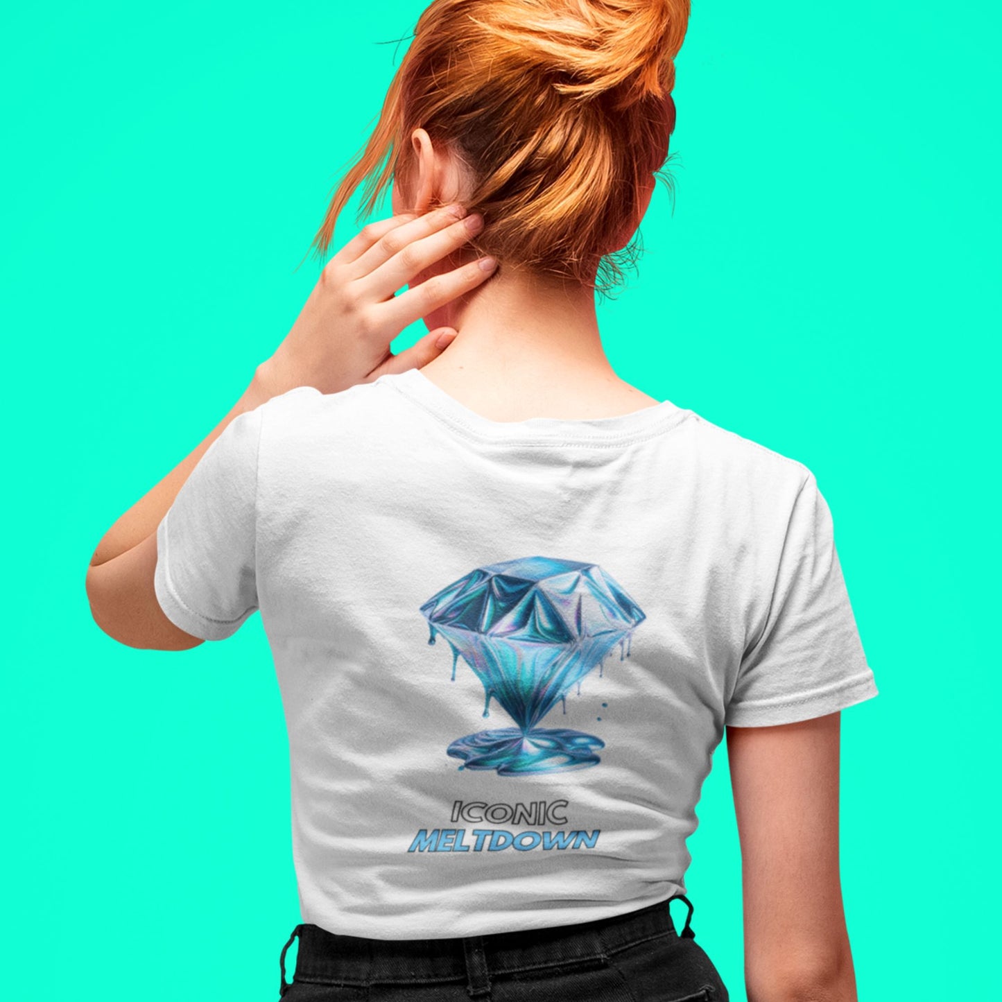 Iconic Meltdown Shirt showcasing the image of a melting diamond in white, made from organic cotton in conversion. Female red haired model showcasing back print. 