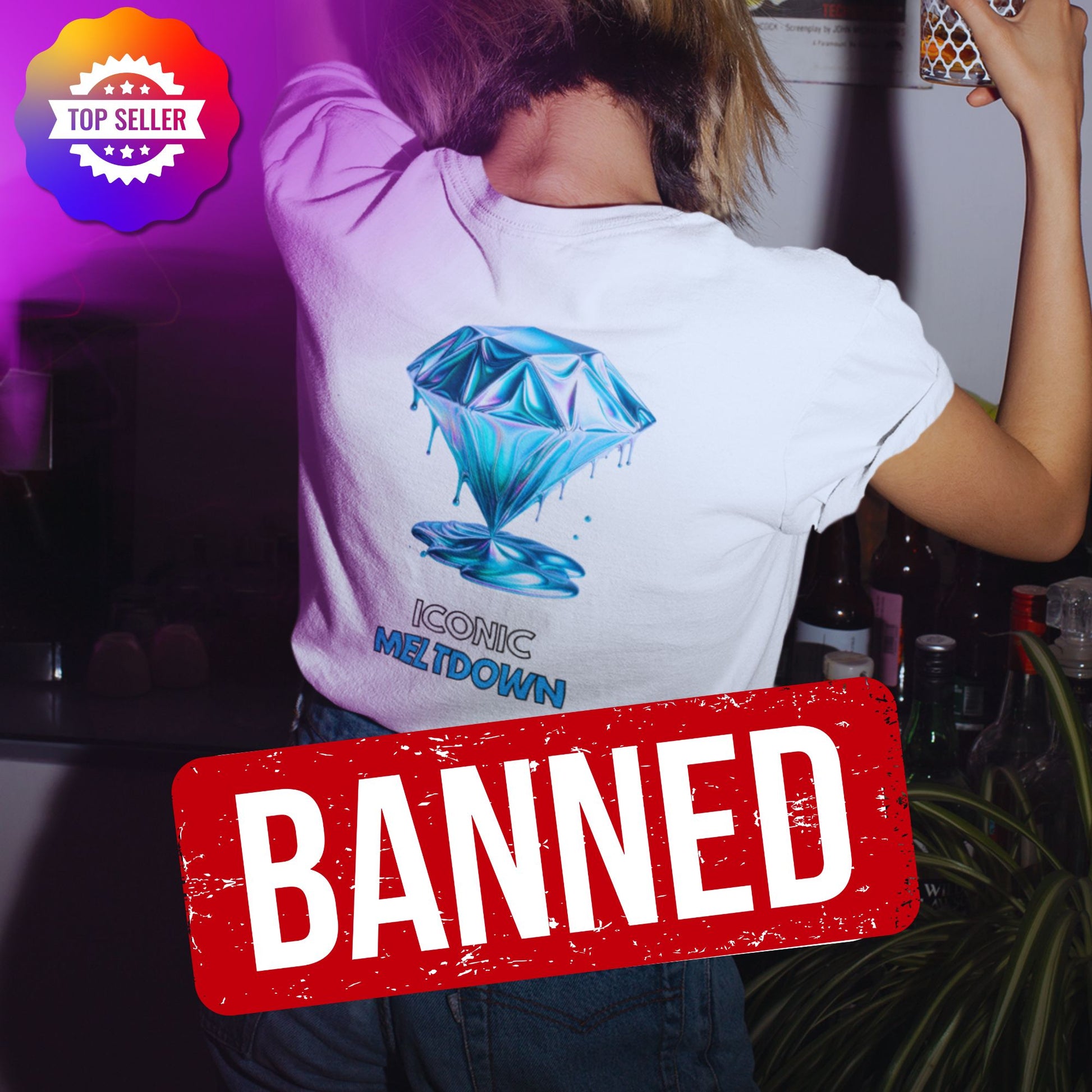 Iconic Meltdown Shirt showcasing the image of a melting diamond in white, made from organic cotton in conversion. Female model showcasing back view in a lifestyle setting.