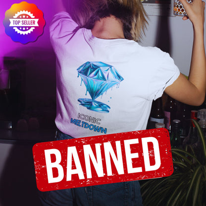 Iconic Meltdown Shirt showcasing the image of a melting diamond in white, made from organic cotton in conversion. Female model showcasing back view in a lifestyle setting.