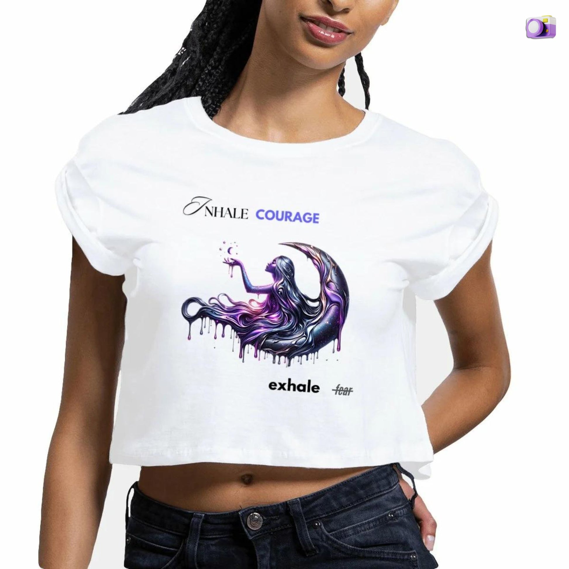 Inhale courage exhale fear crop top in white, made from organic cotton. Front view showcased on a black model.