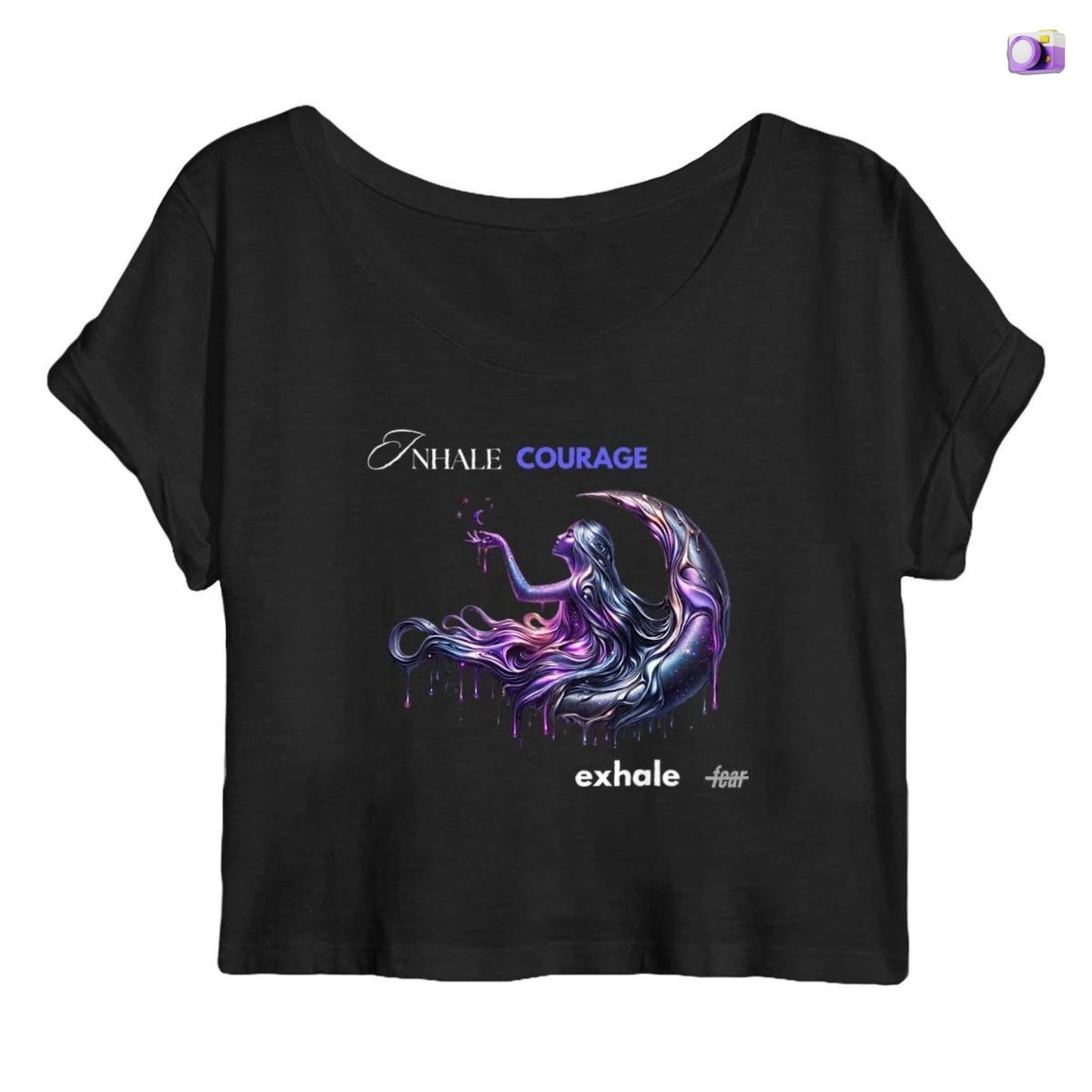 Inhale courage exhale fear crop top in black, made from organic cotton. Front view showcased on a flat surface and white background.