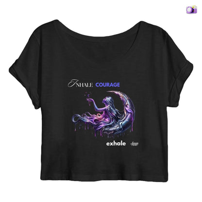 Inhale courage exhale fear crop top in black, made from organic cotton. Front view showcased on a flat surface and white background.
