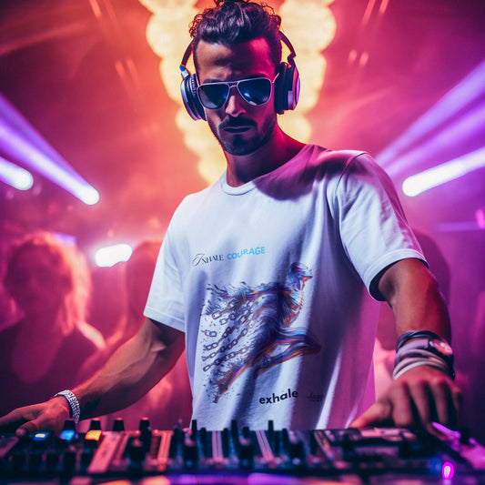 Inhale courage exhale fear Shirt in white, made from organic cotton in conversion. Male Dj showcasing the shirt in a party setting.