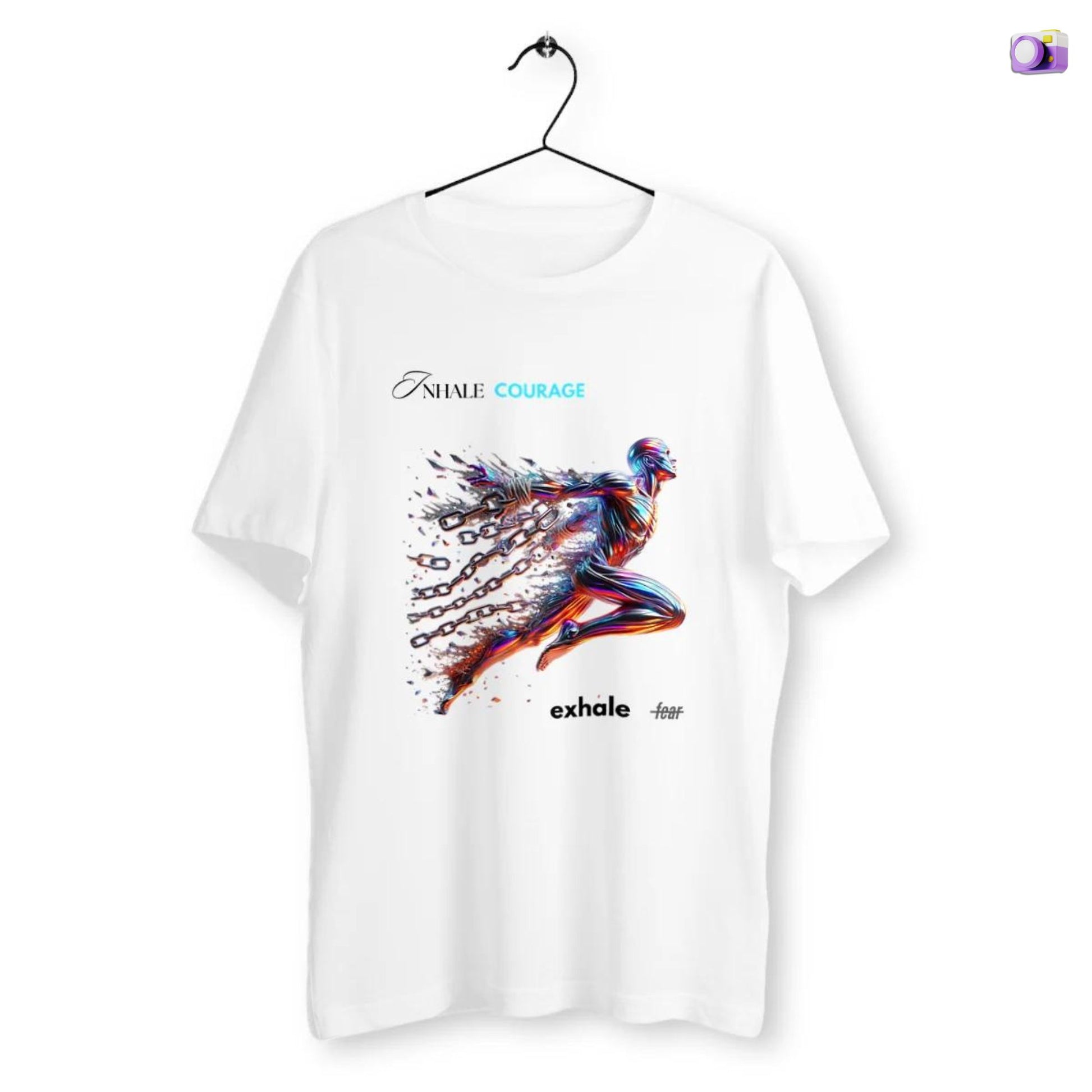Inhale courage exhale fear Shirt in white, made from organic cotton in conversion. Front view showcased on a flat surface and white background.