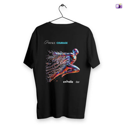 Inhale courage exhale fear Shirt in black, made from organic cotton in conversion. Front view showcased on a flat surface and white background.
