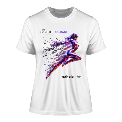 White t-shirt with a colorful graphic design and text 'Inhale Courage Exhale' on a white background