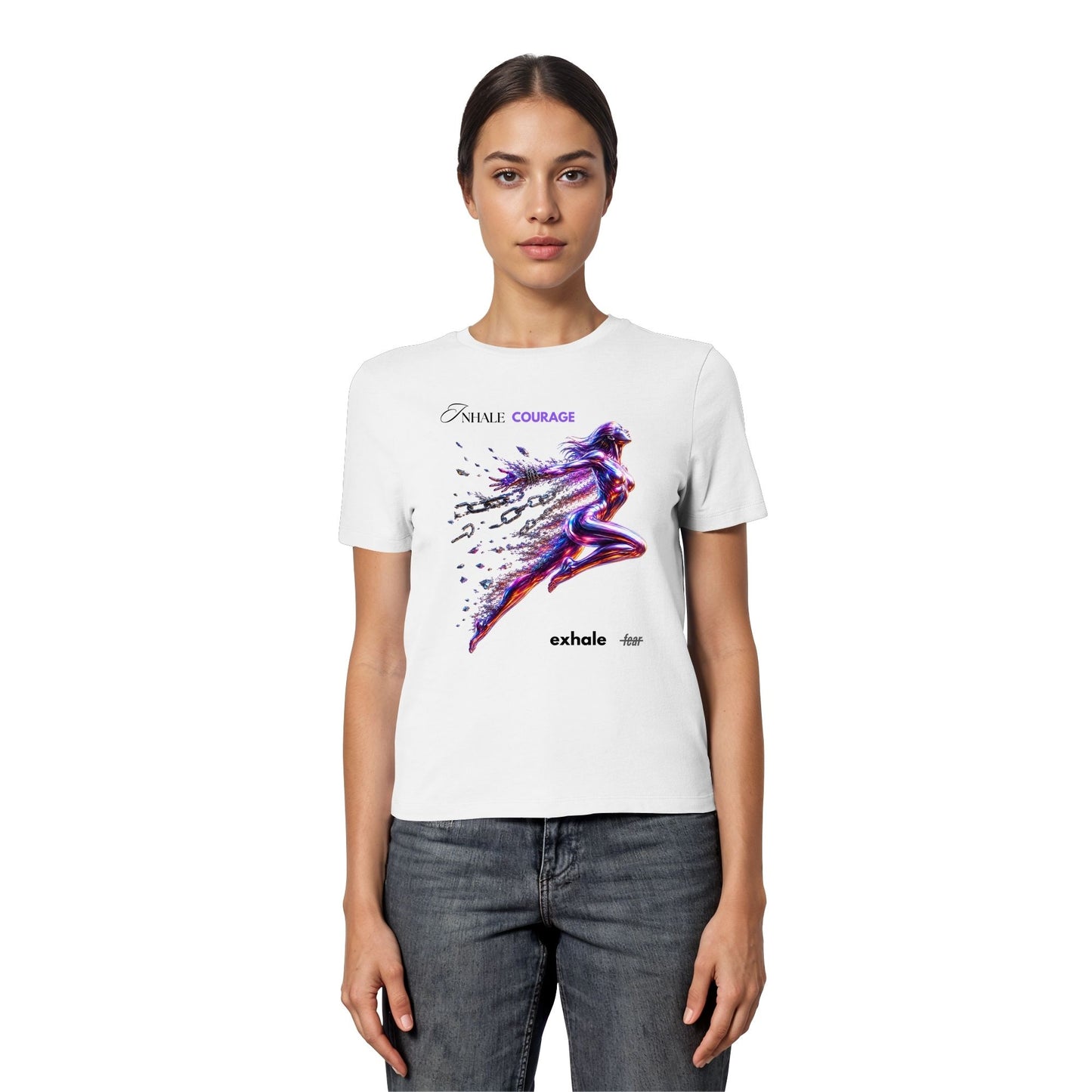 Person wearing a white t-shirt with a colorful graphic design on a white background