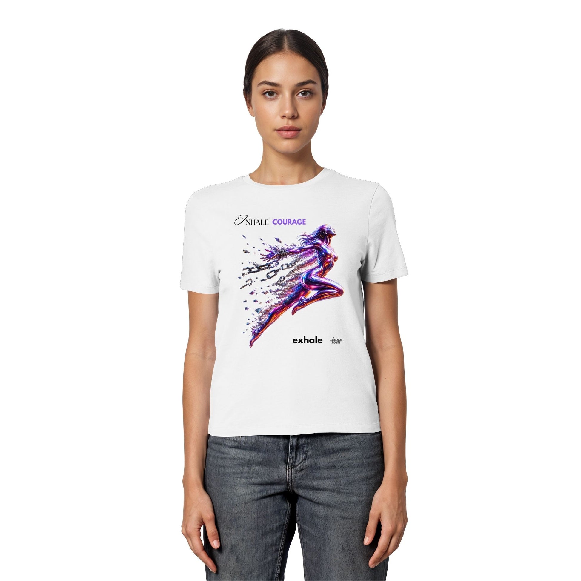 Person wearing a white t-shirt with a colorful graphic design on a white background