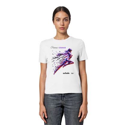 Person wearing a white t-shirt with a colorful graphic design on a white background