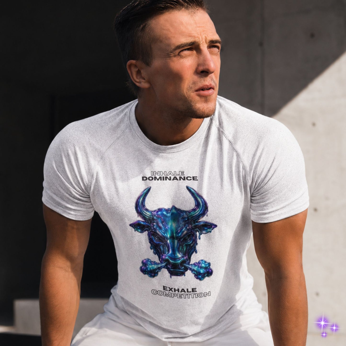 Man wearing a white t-shirt with a blue bull graphic on a city street.